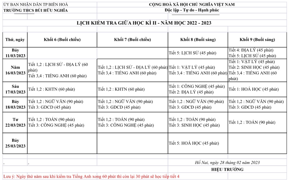 LỊCH KIỂM TRA GIỮA HK2