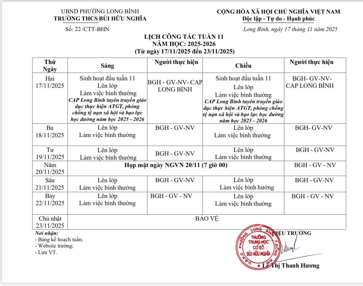 LỊCH CÔNG TÁC TUẦN 11